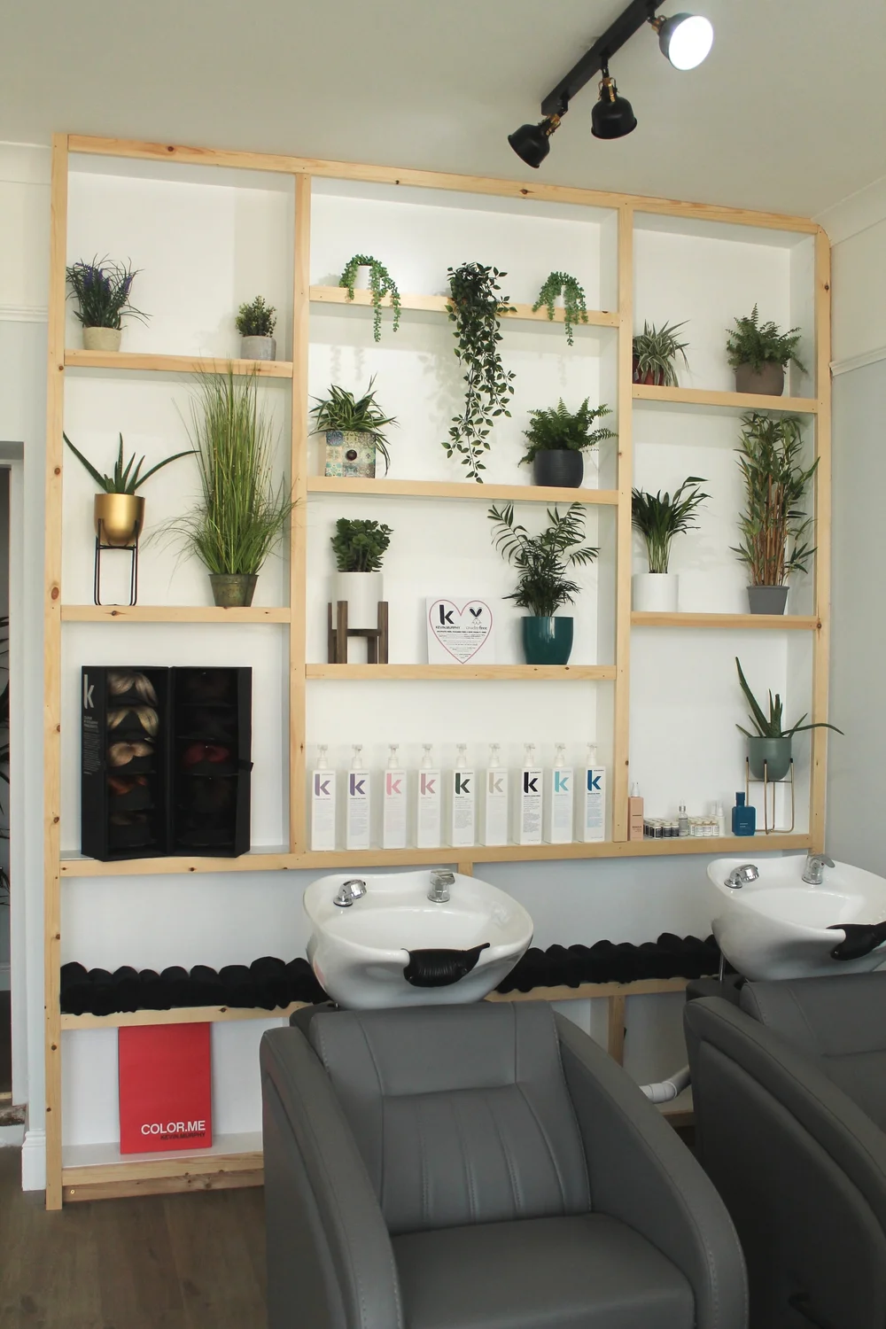 Wash basins with plant shelves and Kevin Murphy products